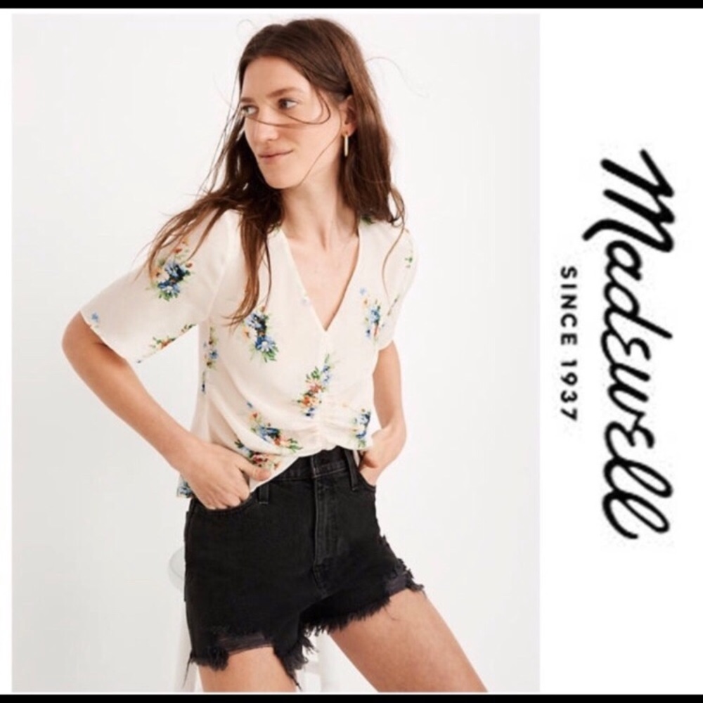 NWT Ruched Ivory Blue Floral Silk Top side zip